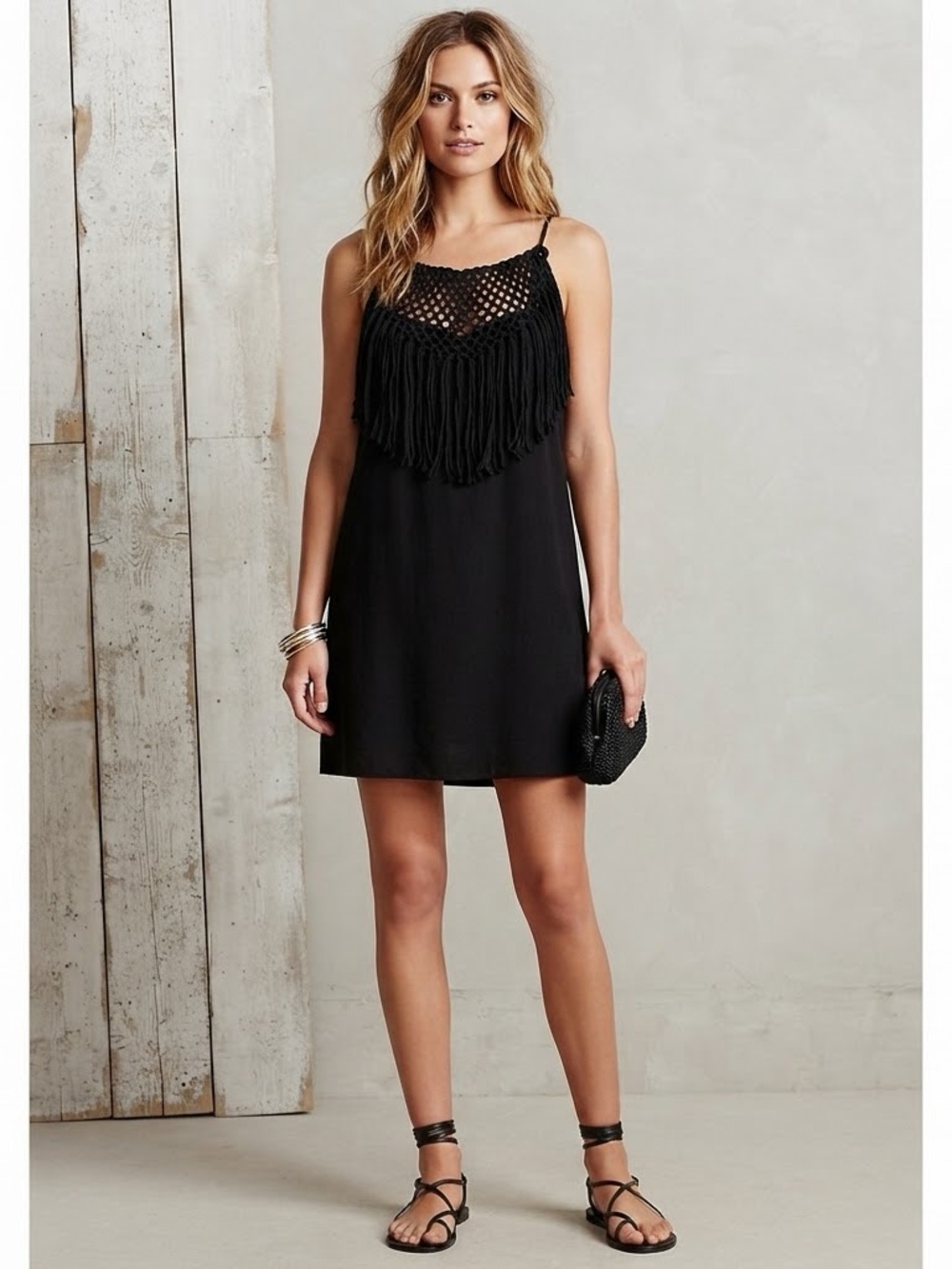 ROXY Black Macramé Fringe Boho Slip Dress / Beach Cover-Up Size M